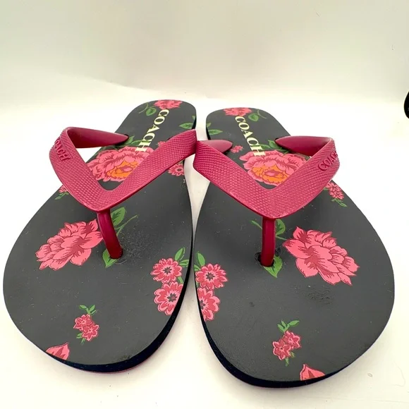 Coach Black and Burgundy with Pink Floral Flip Flop Sandals 8 - Picture 7 of 9